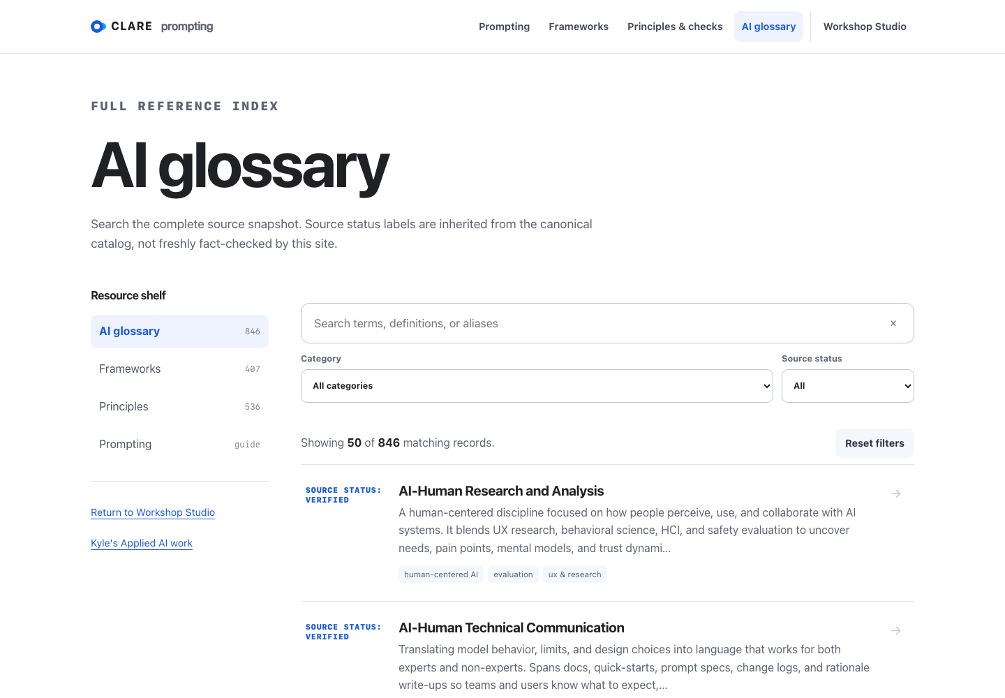The 2026 AI Glossary, with a resource shelf, a clear search field, and more space for definitions.
