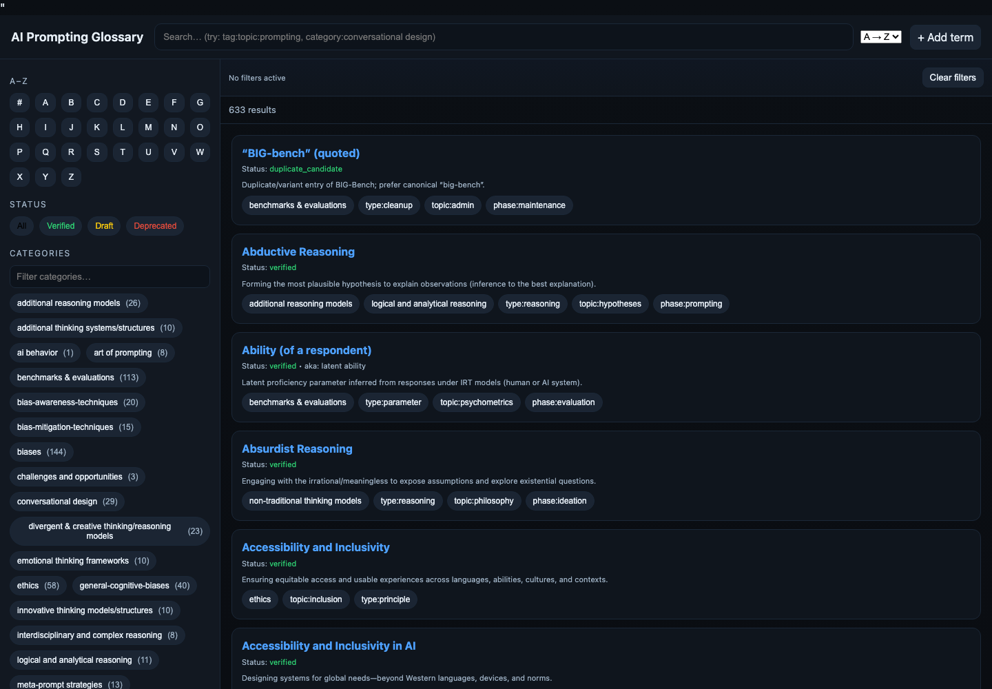 The first AI Glossary website, with many competing filters and stacked definitions.